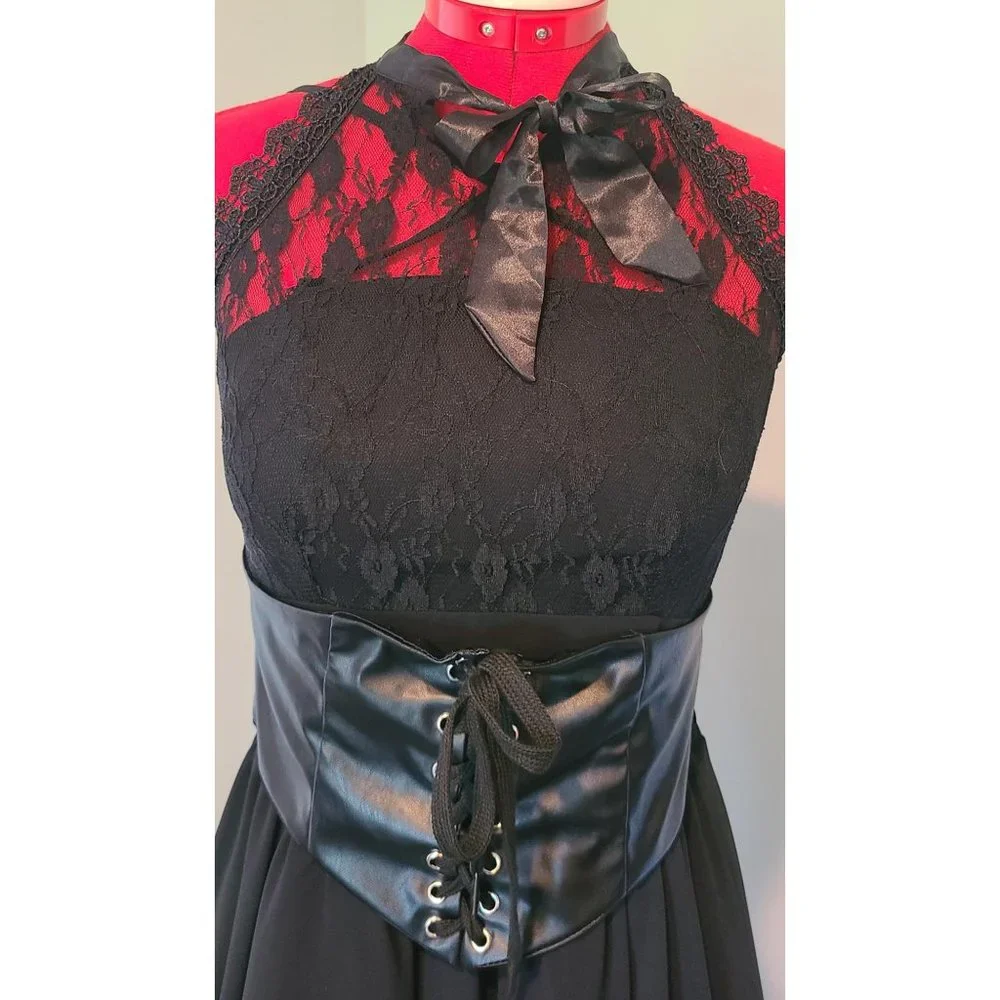 CharMma Women's Gothic Bow Neck Cross Back Sleeveless Floral Lace Corset Dress - Picture 2 of 4